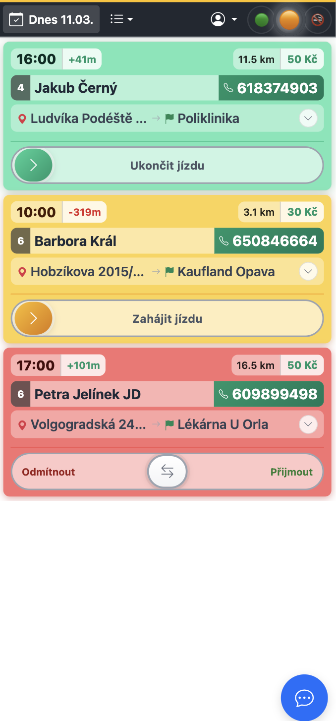 TaxiSenior mobilní rozhraní pro řidiče senior taxi - přehled přidělených jízd